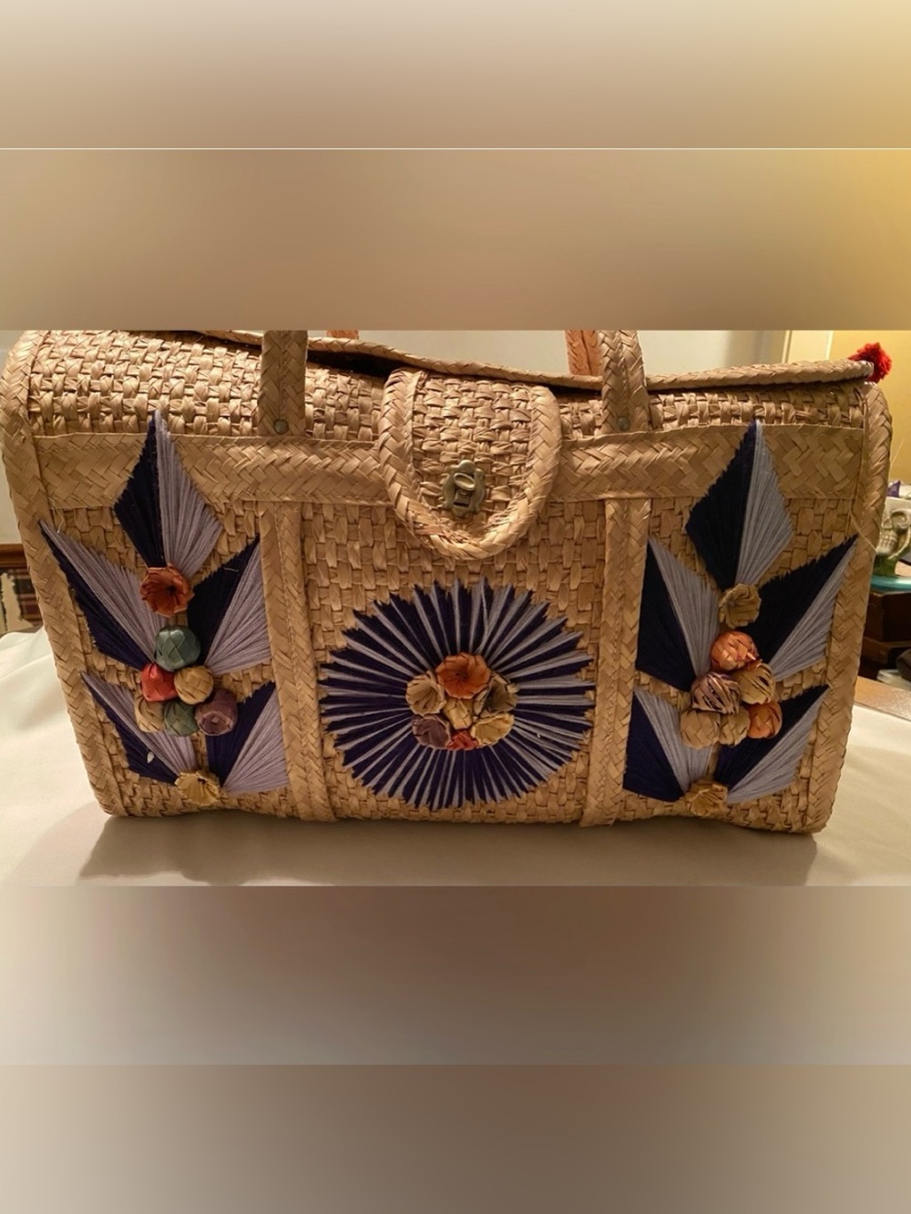 Vintage Mexico Hand Woven Straw Raffia Wicker Beach Tote Market Bag Purse Summer